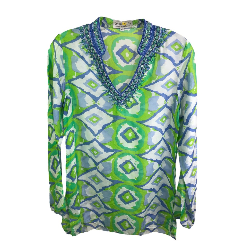 Bella Tu Women's Rhinestones Beaded Tunic‎ Top Green Blue Floral Print V-Neck XS